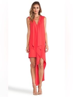 BCBGMAXAZRIA Tara Ruffle Front Maxi Dress Red V-Neck Evening Gown
